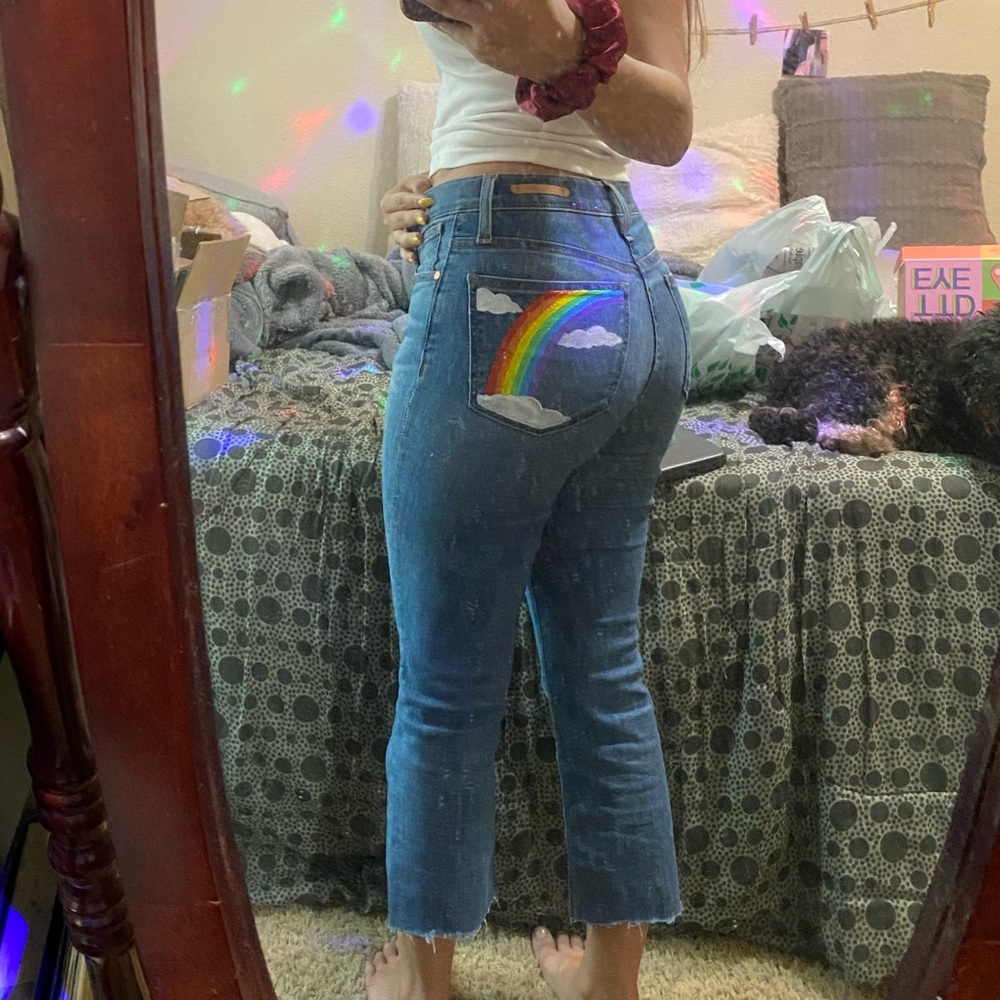 Hand painted rainbow and sun jeans